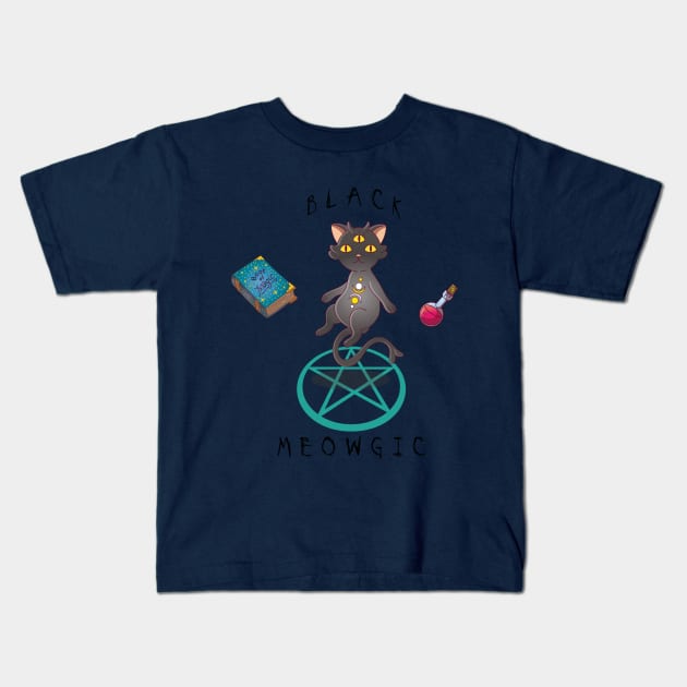 Black Meowgic Kids T-Shirt by Chinchila Art